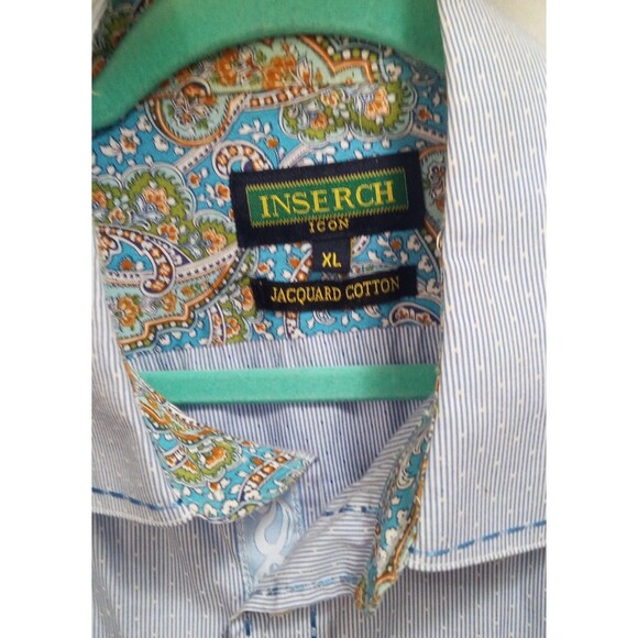 INSERCH ICON Men's Blue Striped L/S Button Up Jacquard Cotton Shirt XL Flip Cuff - Picture 5 of 7